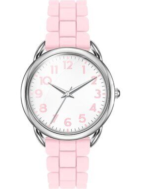 Women's Pink White Big Face Easy Reader Silicone Strap Waterproof 35MM Watch